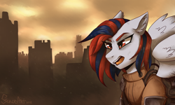 Size: 3000x1800 | Tagged: safe, artist:serodart, derpibooru import, oc, oc only, oc:ruby hawk, pegasus, pony, fallout equestria, angry, armor, city, cityscape, fallout, female, open mouth, raider, ruins, solo, town