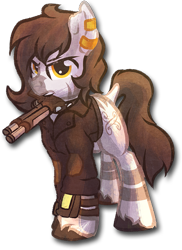 Size: 655x900 | Tagged: safe, artist:amura-of-jupiter, derpibooru import, oc, oc only, oc:phisa, zebra, fallout equestria, fallout equestria: dead end, clothes, dock, ear piercing, earring, female, golden eyes, gun, handgun, jacket, jewelry, mouth hold, piercing, pipbuck, pistol, simple background, solo, stripes, torn ear, transparent background