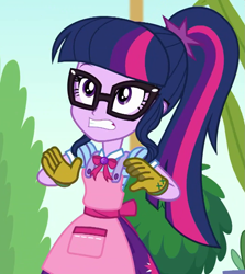 Size: 933x1046 | Tagged: safe, derpibooru import, screencap, sci-twi, twilight sparkle, better together, equestria girls, my little shop of horrors, apron, clothes, cropped, geode of telekinesis, glasses, gloves, gritted teeth, magical geodes, scared, solo