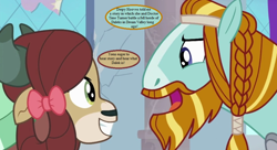 Size: 968x528 | Tagged: safe, derpibooru import, edit, edited screencap, screencap, rockhoof, yona, earth pony, pony, yak, a rockhoof and a hard place, beard, braid, cropped, doctor who, duo, facial hair, female, implied dalek, implied derpy, implied doctor whooves, male, moustache, speech bubble, stallion, text, that pony sure does love storytelling