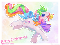 Size: 1088x820 | Tagged: safe, artist:conphettey, derpibooru import, oc, oc:baby glitter wishes, oc:glitter wishes, earth pony, pony, g1, abstract background, bell, bootleg, bow, christmas, clothes, color porn, hair bow, hair ornament, holiday, hqg1c, merry christmas, scarf, simple background, solo, tail bow