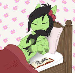 Size: 1528x1486 | Tagged: safe, artist:lizardwithhat, derpibooru import, oc, earth pony, pegasus, pony, bed, bedroom, blanket, book, bow, cute, eyelashes, eyes closed, family, female, filly, flower, hair bow, hooves, hug, pillow, smiling