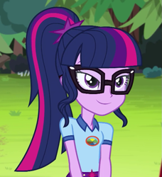 Size: 623x684 | Tagged: safe, derpibooru import, screencap, sci-twi, twilight sparkle, equestria girls, legend of everfree, bedroom eyes, camp everfree outfits, clothes, cropped, female, glasses, ponytail, smiling, solo