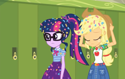 Size: 1146x720 | Tagged: safe, derpibooru import, screencap, applejack, sci-twi, twilight sparkle, best trends forever, best trends forever: pinkie pie, better together, equestria girls, applejack's hat, belt, canterlot high, clothes, cowboy hat, denim skirt, eyes closed, female, freckles, geode of super strength, geode of telekinesis, glasses, hat, lockers, messy hair, ponytail, skirt, stetson