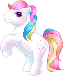 Size: 540x639 | Tagged: safe, alternate version, artist:conphettey, derpibooru import, confetti (g1), earth pony, pony, g1, rainbow hair, rearing, simple background, solo, transparent background