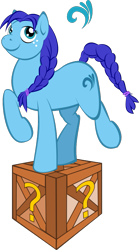 Size: 501x900 | Tagged: safe, artist:fayum, derpibooru import, oc, oc only, earth pony, pony, braid, braided tail, crate, simple background, smiling, solo, transparent background