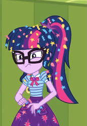 Size: 477x688 | Tagged: safe, derpibooru import, screencap, sci-twi, twilight sparkle, best trends forever, best trends forever: pinkie pie, better together, equestria girls, annoyed, canterlot high, clothes, confetti, cropped, female, geode of telekinesis, glasses, hallway, lockers, messy hair, ponytail, skirt, solo