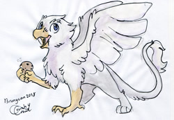 Size: 1234x855 | Tagged: safe, artist:crunchycrowe, derpibooru import, oc, oc only, oc:der, griffon, chocolate chip cookies, cookie, food, male, solo, that griffon sure "der"s love cookies, traditional art, watercolor painting