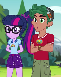 Size: 467x593 | Tagged: safe, derpibooru import, screencap, sci-twi, timber spruce, twilight sparkle, equestria girls, legend of everfree, arm behind back, camp everfree outfits, clothes, cropped, crossed arms, female, glasses, male, ponytail, shorts