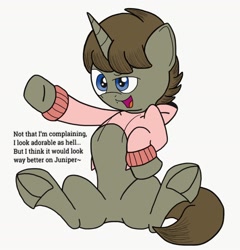 Size: 1352x1408 | Tagged: safe, artist:darkknighthoof, derpibooru import, oc, oc only, oc:darkknighthoof, pony, unicorn, bedroom eyes, clothes, fangs, featureless crotch, frog (hoof), male, meme, open mouth, pink sweater, raised hoof, simple background, sitting, solo, stallion, sweater, sweater meme, underhoof, white background