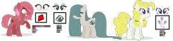 Size: 1726x416 | Tagged: safe, artist:awoomarblesoda, derpibooru import, surprise, oc, oc:mossy pie, oc:ruby pie, earth pony, pony, female, mare, reference sheet, simple background, transparent background