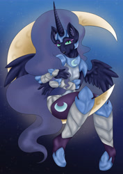 Size: 4961x7016 | Tagged: safe, artist:fuzzy-britches, derpibooru import, nightmare moon, alicorn, anthro, plantigrade anthro, absurd resolution, armor, digital art, female, looking at you, mare, moon, solo, tangible heavenly object