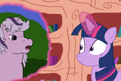 Size: 6000x4000 | Tagged: safe, artist:devfield, derpibooru import, twilight, twilight sparkle, pony, 35th anniversary, book, generational ponidox, golden oaks library, library, looking at each other, magic, rift, spell, startled, time paradox, two toned mane