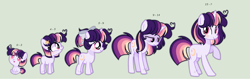 Size: 3564x1132 | Tagged: safe, artist:moon-rose-rosie, derpibooru import, oc, oc:celestial moon, pony, unicorn, age progression, baby, baby pony, female, filly, magical lesbian spawn, mare, offspring, outline, parent:rainbow dash, parent:twilight sparkle, parents:twidash, simple background, solo, teenager