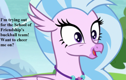 Size: 1125x720 | Tagged: safe, derpibooru import, edit, edited screencap, screencap, silverstream, hippogriff, non-compete clause, bronybait, buckball, cropped, cute, dialogue, diastreamies, female, jewelry, necklace, open mouth, smiling, solo, wide eyes