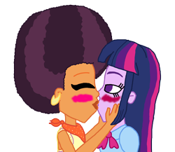 Size: 1800x1565 | Tagged: safe, artist:bigpurplemuppet99, derpibooru import, saffron masala, twilight sparkle, equestria girls, afro, alternate clothes, alternate hairstyle, female, kissing, lesbian, profile, shipping, simple background, transparent background, twiffron