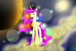 Size: 1024x683 | Tagged: safe, artist:blueberrykamquat, derpibooru import, oc, oc only, oc:ponroy, alicorn, pony, alicorn oc, creator, goddess, goddess of creation, lens flare, planet, solo, space, stars, sun