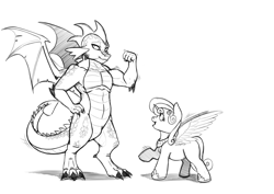 Size: 3507x2480 | Tagged: safe, artist:exelzior, derpibooru import, princess flurry heart, spike, alicorn, dragon, pony, semi-anthro, female, flexing, grayscale, hand on hip, heart, male, monochrome, muscles, older, older flurry heart, older spike, open mouth, raised hoof, sketch, smiling