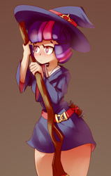 Size: 1224x1920 | Tagged: safe, artist:bloodatius, derpibooru import, twilight sparkle, human, broom, female, humanized, little witch academia, witch