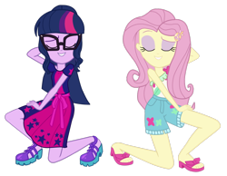 Size: 1584x1230 | Tagged: safe, artist:kuco, derpibooru import, fluttershy, sci-twi, twilight sparkle, better together, equestria girls, i'm on a yacht, absurd resolution, clothes, cute, dress, eyes closed, eyeshadow, feet, female, geode of fauna, glasses, legs, magical geodes, makeup, one shoulder, ponytail, pose, sandals, shoes, shorts, simple background, skirt, smiling, transparent background, vector