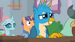 Size: 1918x1078 | Tagged: safe, derpibooru import, screencap, gallus, ocellus, yona, changedling, changeling, griffon, pony, a rockhoof and a hard place, background pony, cute, female, fine catch, friendship student, gallabetes, grin, male, nervous, nervous grin, nickelodeon, smiling
