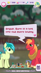 Size: 750x1334 | Tagged: safe, derpibooru import, big macintosh, sandbar, pony, my little pocket ponies, dialogue, duo, out of context, screenshots, tongue out