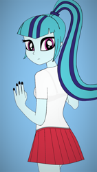 Size: 680x1204 | Tagged: safe, artist:pokemonftw354, derpibooru import, sonata dusk, equestria girls, adorable face, clothes, cute, dazzling, looking at you, looking back, looking back at you, nail polish, nails, pleated skirt, ponytail, shirt, skirt, sonatabetes, t-shirt