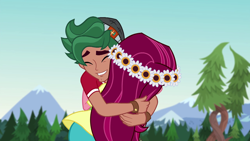 Size: 1280x720 | Tagged: safe, derpibooru import, screencap, gloriosa daisy, timber spruce, equestria girls, legend of everfree, brother and sister, camp everfree outfits, clothes, eyes closed, female, hug, male, siblings, smiling