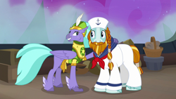 Size: 1280x720 | Tagged: safe, derpibooru import, screencap, rockhoof, seaspray, classical hippogriff, earth pony, hippogriff, pony, a rockhoof and a hard place, beard, braid, clothes, duo, facial hair, male, moustache, sailor hat, sailor uniform, stallion, uniform