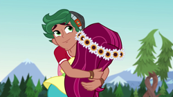 Size: 1280x720 | Tagged: safe, derpibooru import, screencap, gloriosa daisy, timber spruce, equestria girls, legend of everfree, brother and sister, camp everfree outfits, female, forest, hug, male, siblings, smiling