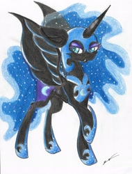 Size: 1621x2129 | Tagged: safe, artist:luxiwind, derpibooru import, nightmare moon, alicorn, pony, raised hoof, solo, traditional art