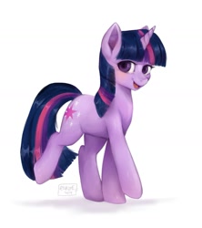 Size: 1263x1423 | Tagged: safe, artist:riukime, derpibooru import, twilight sparkle, unicorn twilight, pony, unicorn, cute, female, looking at you, mare, open mouth, simple background, solo, twiabetes, walking, white background