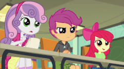 Size: 720x404 | Tagged: safe, derpibooru import, screencap, apple bloom, scootaloo, sweetie belle, equestria girls, equestria girls series, happily ever after party, happily ever after party: rarity, adorabloom, animated, apple bloom's bow, bow, cute, cutealoo, cutie mark crusaders, diasweetes, excited, female, fist, gif, hair bow, note, smiling, trio, trio female