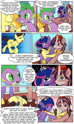 Size: 1800x2984 | Tagged: safe, artist:candyclumsy, derpibooru import, spike, oc, oc:king speedy hooves, oc:queen galaxia, alicorn, human, pony, comic:fusing the fusions, comic:tommy finds home, alicorn oc, bawling, caring, child, colt, comic, commissioner:bigonionbean, crying, cute, cutie mark, dialogue, foal, fusion, fusion:king speedy hooves, fusion:queen galaxia, hug, human oc, implied murder, love, loving gaze, male, sad, tragedy, transformed, writer:bigonionbean