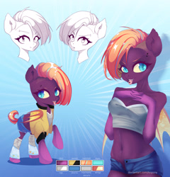 Size: 2360x2461 | Tagged: safe, artist:knpony, derpibooru import, oc, oc only, anthro, bat pony, anthro oc, bat pony oc, bat wings, clothes, digital art, female, high res, mare, piercing, shorts, signature, solo, tongue piercing, wings, ych result