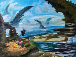 Size: 2419x1820 | Tagged: safe, artist:mandumustbasukanemen, derpibooru import, atg 2018, bonfire, explorers, newbie artist training grounds, ocean, painting, rock, scenery, traditional art