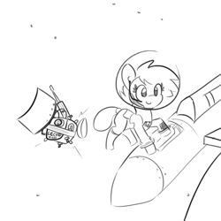 Size: 1280x1280 | Tagged: safe, artist:tjpones, derpibooru import, oc, oc only, pony, astronaut, black and white, female, floating, grayscale, headset, magnet, mare, monochrome, simple background, smiling, solo, space, spaceship, spacesuit, white background