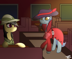 Size: 5000x4066 | Tagged: safe, artist:kids-in-the-corner, derpibooru import, daring do, absurd resolution, booth, carpet, clothes, dark, duo, duo female, female, hat, mare, meeting, shadow spade, sitting, smiling, standing, window