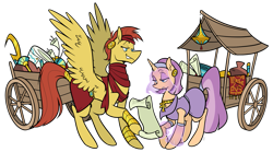 Size: 1533x855 | Tagged: safe, artist:egophiliac, derpibooru import, oc, oc only, oc:oasis shade, oc:sirocco breeze, pegasus, pony, unicorn, ankh, belt buckle, cart, clothes, egyptian, egyptian pony, female, hairband, headband, jewelry, male, mare, merchant, negotiating, no source, robe, scarab, scarf, simple background, size difference, stallion, transparent background, wagon