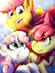 Size: 1750x2300 | Tagged: safe, artist:viejillox64art, derpibooru import, apple bloom, scootaloo, sweetie belle, pony, cape, cheek fluff, chest fluff, clothes, cutie mark crusaders, ear fluff