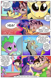 Size: 1800x2740 | Tagged: safe, artist:candyclumsy, derpibooru import, discord, spike, oc, oc:king speedy hooves, oc:queen galaxia, oc:tommy the human, alicorn, human, pony, comic:fusing the fusions, comic:tommy finds home, adoption, alicorn oc, colt, comic, commissioner:bigonionbean, cute, family, father and child, father and son, female, foal, fusion, fusion:king speedy hooves, fusion:queen galaxia, group hug, happy, happy ending, herd, hug, human oc, male, mother and child, mother and son, parent and child, pony to human, transformation, why, writer:bigonionbean