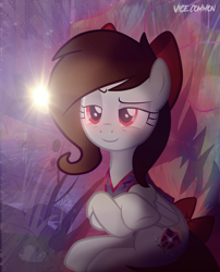 Size: 3016x3733 | Tagged: safe, artist:vice common, color edit, derpibooru import, edit, oc, oc only, oc:whisper hope, pegasus, pony, abstract background, colored, crossed hooves, female, lens flare, logo, looking away, mare, red eyes, shading, solo