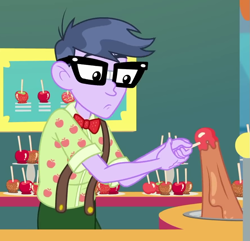 Size: 893x861 | Tagged: safe, derpibooru import, screencap, microchips, better together, equestria girls, rollercoaster of friendship, apple, caramel apple (food), clothes, cropped, food, glasses, male, misleading thumbnail, solo