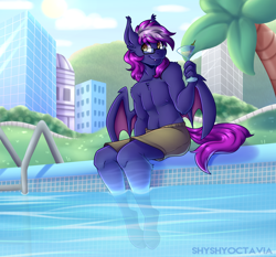 Size: 3040x2832 | Tagged: safe, artist:shyshyoctavia, derpibooru import, oc, anthro, bat pony, city, clothes, glass, male, solo, stallion, swimming pool, swimming trunks, wine glass