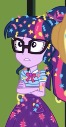 Size: 287x556 | Tagged: safe, derpibooru import, screencap, sci-twi, twilight sparkle, best trends forever, best trends forever: pinkie pie, better together, equestria girls, clothes, cropped, geode of telekinesis, glasses, messy hair, ponytail, skirt