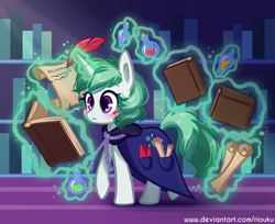 Size: 800x654 | Tagged: safe, artist:riouku, derpibooru import, clover the clever, pony, unicorn, blushing, book, cape, clothes, feather, female, magic, mare, paper, shelf, smiling, solo, telekinesis, writing