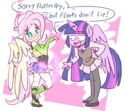 Size: 900x800 | Tagged: safe, artist:thegreatrouge, derpibooru import, fluttershy, twilight sparkle, twilight sparkle (alicorn), alicorn, anthro, pegasus, plantigrade anthro, sounds of silence, ass, clothes, female, mare, scene interpretation, smiling