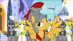 Size: 1136x640 | Tagged: safe, derpibooru import, screencap, flash magnus, pegasus, pony, unicorn, a rockhoof and a hard place, armor, captain, helmet, male, night guard, royal guard, stallion