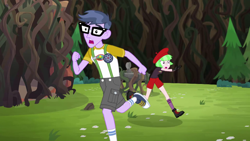 Size: 1280x720 | Tagged: safe, derpibooru import, screencap, drama letter, microchips, watermelody, equestria girls, legend of everfree, background human, boots, camp everfree outfits, clothes, converse, female, glasses, legs, male, running, screaming, shoes, shorts, sneakers, socks, vine