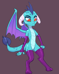 Size: 655x819 | Tagged: safe, artist:raikoh, derpibooru import, princess ember, dragon, clothes, dragoness, female, fingerless gloves, gloves, gray background, leggings, simple background, socks, solo